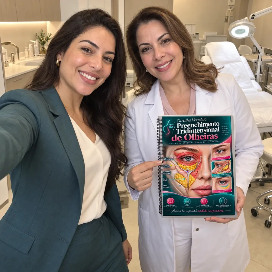 Duas esteticistas em selfie mostrando o caderno da Cartilha Visual de Olheiras; representação ilustrativa por IA